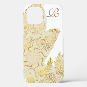 Funda Para iPhone 12 Flores de oro y monograma modernos