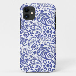 Funda Para iPhone 11 Flores de paisley azul y patrón cardíaco en blanco