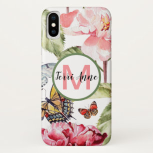 Funda Para iPhone X Flores de peonía y mariposas con monograma en negr
