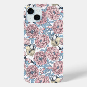Funda Para iPhone 15 Mini Flores de peonía y pájaros Funda-Mate iPhone estuc
