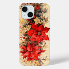 Funda Para iPhone 15 Flores de poinsettia de Navidad antiguas