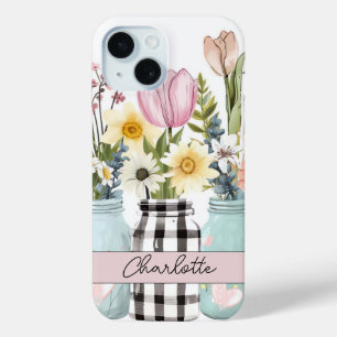 Funda Para iPhone 15 Flores de primavera en el diseño de Mason Jar con
