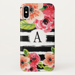 Funda Para iPhone X Flores de rayas blancas negras monogramadas de mod