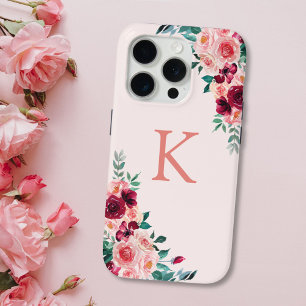 Funda Para iPhone 15 Pro Flores de Rosa Burgundy Rosa Boho Acuarela Monogra