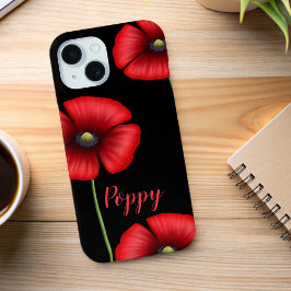 Funda Para iPhone 15 Flores elegantes de adormidera roja nombran negro 