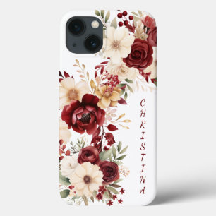 Funda Para iPhone 13 Flores elegantes de Borgoña