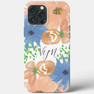 Funda Para iPhone 13 Pro Max Flores en Acuarela Monograma Azul Melocotón