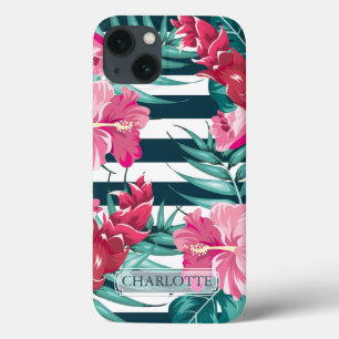 Funda Para iPhone 13 Flores exóticas Monograma a rayas