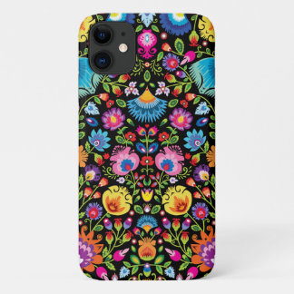Funda Para iPhone 11 Flores folclóricas Wycinanki negro