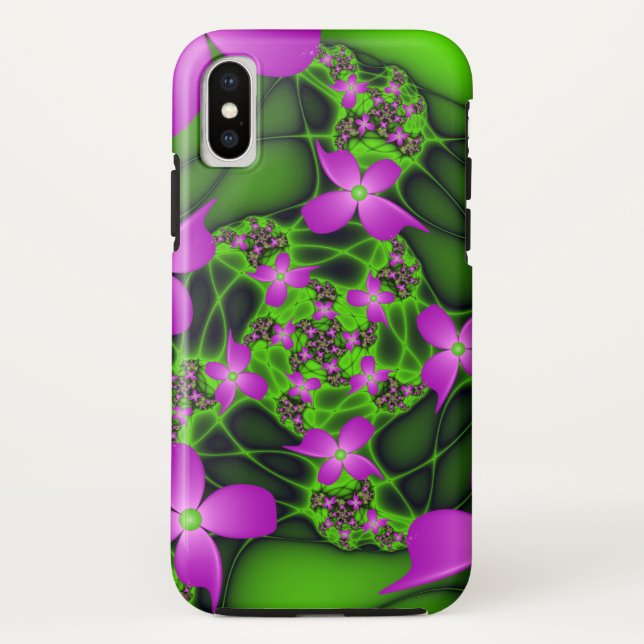 Funda De Case-Mate Para iPhone Flores fractales abstractas modernas neón rosa ver (Reverso)