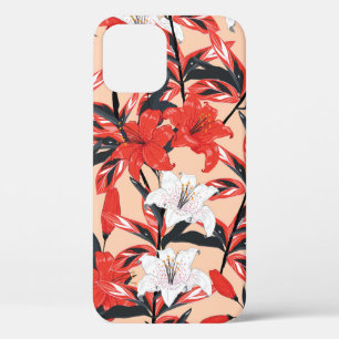 Funda Para iPhone 12 Flores lirio rojas y blancas sin costura