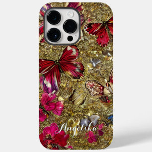 Funda Para iPhone 14 Pro Max De Case-Mate Flores Mariposas Abstractas Doradas y Rojas