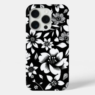Funda Para iPhone 15 Pro Flores Modernas en Negro y Blanco Hojas Soplando E