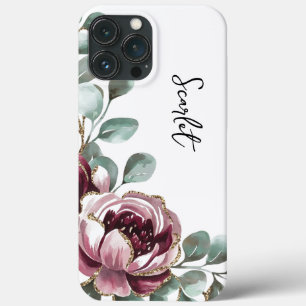 Funda Para iPhone 13 Pro Max Flores modernas y elegantes de rosa burdeos