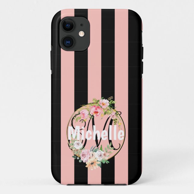Funda De Case-Mate Para iPhone Flores monogramadas y rayas negras rosadas (Reverso)