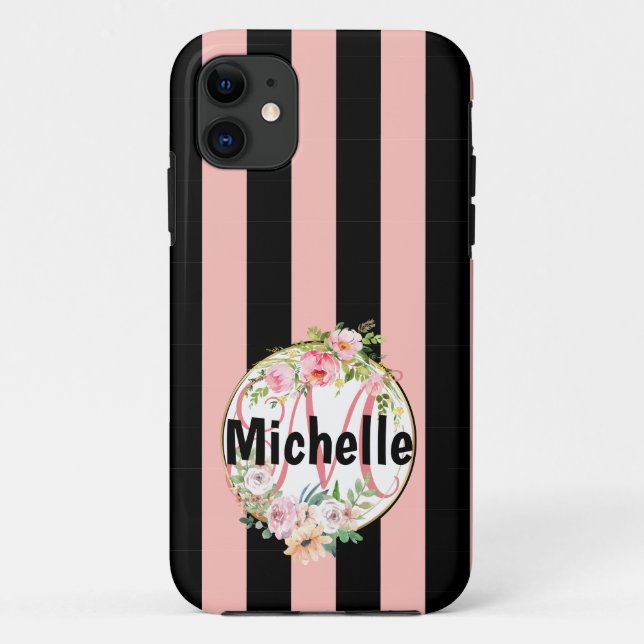 Funda De Case-Mate Para iPhone Flores monogramadas y rayas negras rosadas (Reverso)