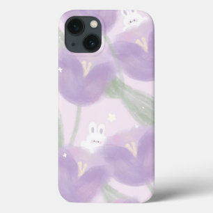 Funda Para iPhone 13 Flores moradas con un conejito