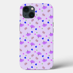 Funda Para iPhone 13 Flores Moradas Corazones Azules