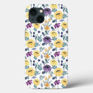 Funda Para iPhone 13 Flores moradas y amarillas de acuarela