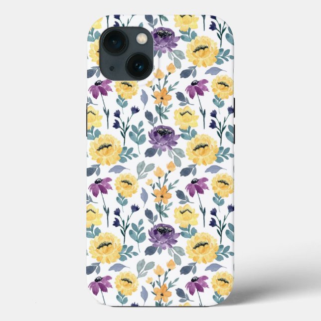 Funda De Case-Mate Para iPhone Flores moradas y amarillas de acuarela (Reverso )