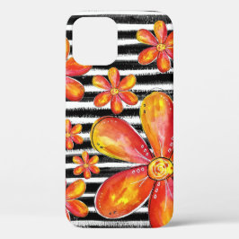 Funda Para iPhone 12 Flores naranjas en franjas negras