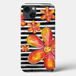 Funda Para iPhone 13 Flores naranjas en franjas negras