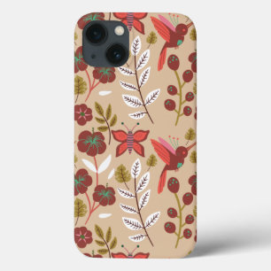 Funda Para iPhone 13 Flores, pájaros, mariposa, sin costuras florales