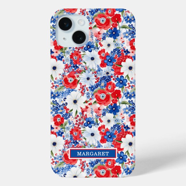 Funda De Case-Mate Para iPhone Flores Patrióticas Monogramadas (Reverso )