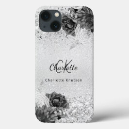 Funda Para iPhone 13 Flores plateadas nombre elegante de monograma