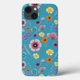 Funda Para iPhone 13 Flores praderas en estuche de iphone azul