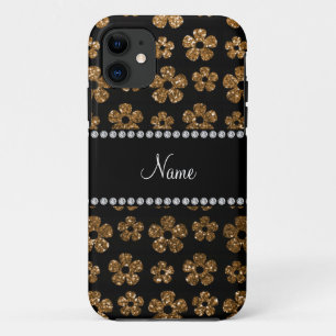 Funda Para iPhone 11 Flores purpurinas de oro de nombre personalizado