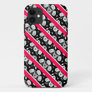 Funda Para iPhone 11 Flores rayas rosadas negras blancas lindas