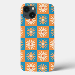 Funda Para iPhone 13 Flores Retro en Cuadros Azules y Naranjas 