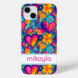 Funda Para iPhone 15 Mini Flores Retro Groovy Hippie Corazones Personalizado