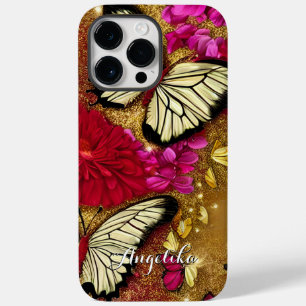 Funda Para iPhone 14 Pro Max De Case-Mate Flores Rojas Brillo Dorado Mariposas Nombre Person