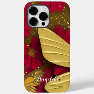 Funda Para iPhone 14 Pro Max De Case-Mate Flores Rojas Destellos Dorados Nombre Personalizad