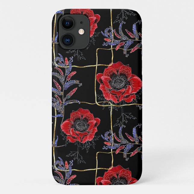 Funda De Case-Mate Para iPhone Flores rojas en negro. (Reverso)