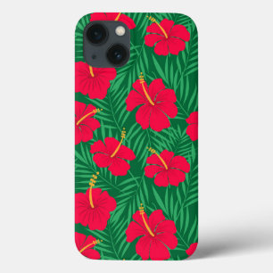Funda Para iPhone 13 Flores rojas hibiscus sobre hojas tropicales verde