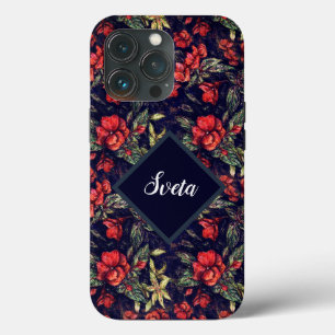 Funda Para iPhone 13 Pro Flores rojas vintage y tu nombre