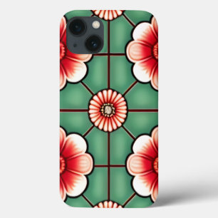 Funda Para iPhone 13 Flores rojas y blancas en azulejos verdes