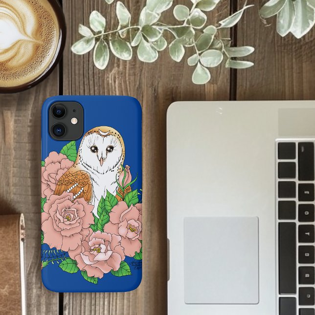 Funda De Case-Mate Para iPhone Flores rosadas de búho barn azul (Subido por el creador)