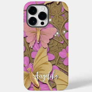 Funda Para iPhone 14 Pro Max De Case-Mate Flores rosadas, mariposas doradas y tu nombre