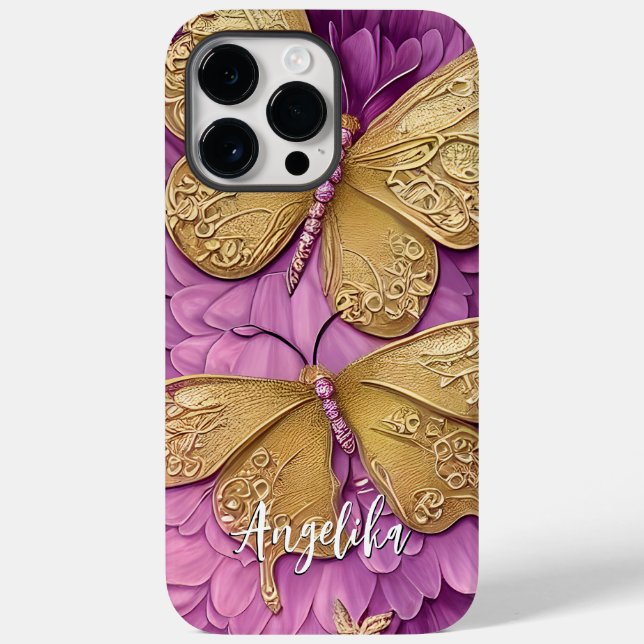 Funda De Case-Mate Para iPhone Flores rosadas personalizadas Mariposas doradas No (Reverso )