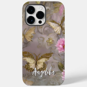 Funda Para iPhone 14 Pro Max De Case-Mate Flores rosadas y flores doradas Nombre personaliza