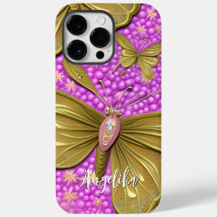Funda Para iPhone 14 Pro Max De Case-Mate Flores rosadas y mariposas doradas nombre