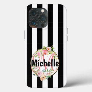 Funda Para iPhone 13 Pro Flores rosas monogramadas rayas negras y blancas