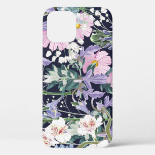 Funda Para iPhone 12 Flores salvajes de primavera: Vintage azul oscuro.