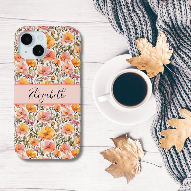 Funda De Case-Mate Para iPhone Flores silvestres personalizadas rosa amarillo nar (Monogrammed Name Personalized Pink yellow orange Wildflowers iPhone case)