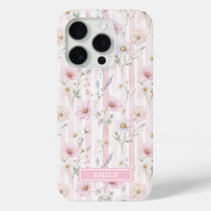 Funda Para iPhone 15 Pro Flores silvestres rosadas rayadas con monograma