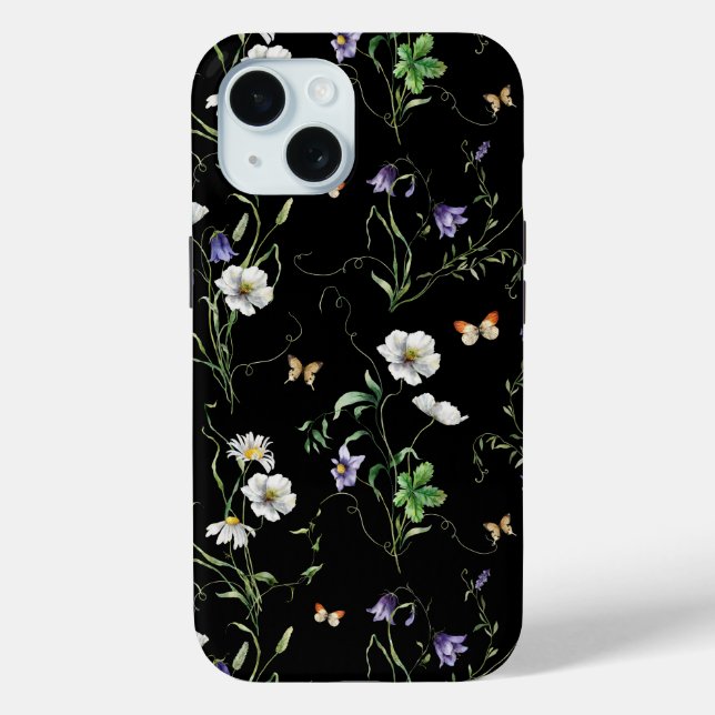 Funda De Case-Mate Para iPhone Flores silvestres y mariposas en negro (Reverso )